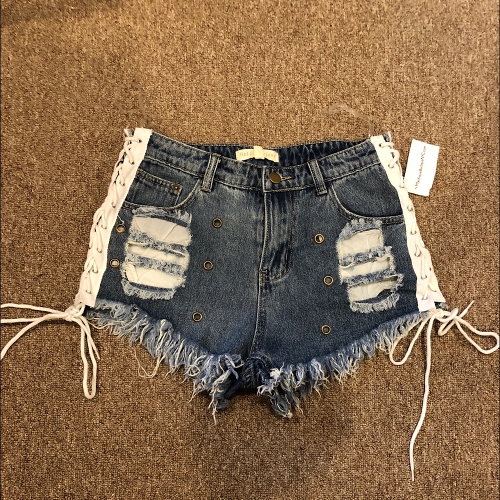 Lace up jean shorts